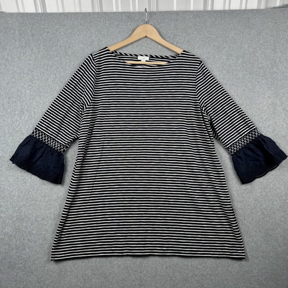 J Jill Shirt Womens XL Petite Navy White Stripe Bell Sleeve Tunic Top Boho